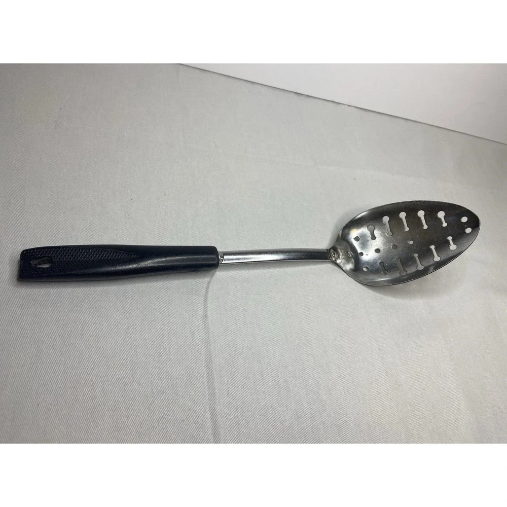 Vintage EKCO Slotted‎ Spoon Chromium Plated Black Handle Made in USA 11 Inch